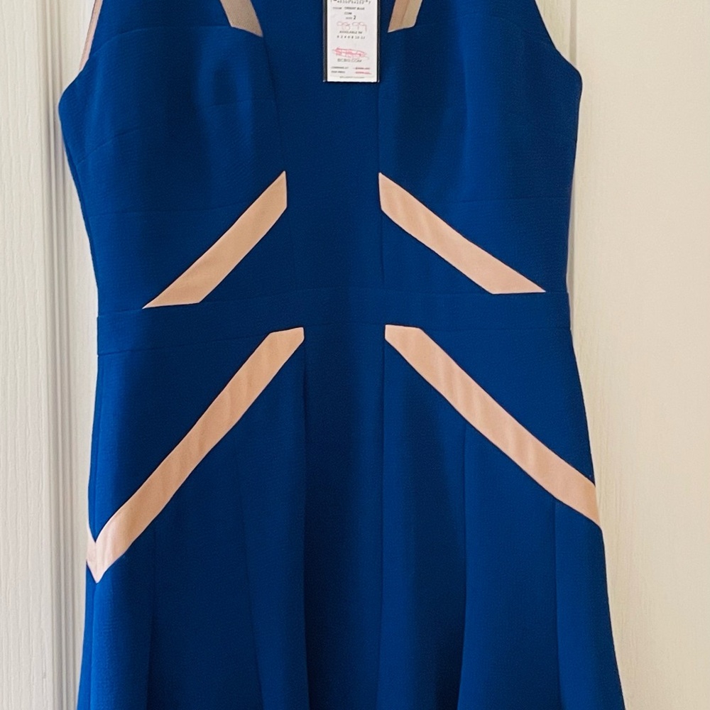 BCBG MAXAZRIA skater dress blue and nude mesh